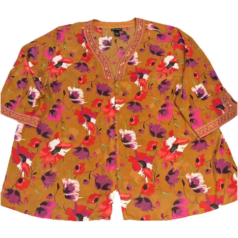 Maggie Barnes Plus 5xl Floral Sequins Tunic Top Button Up Shirt Blouse